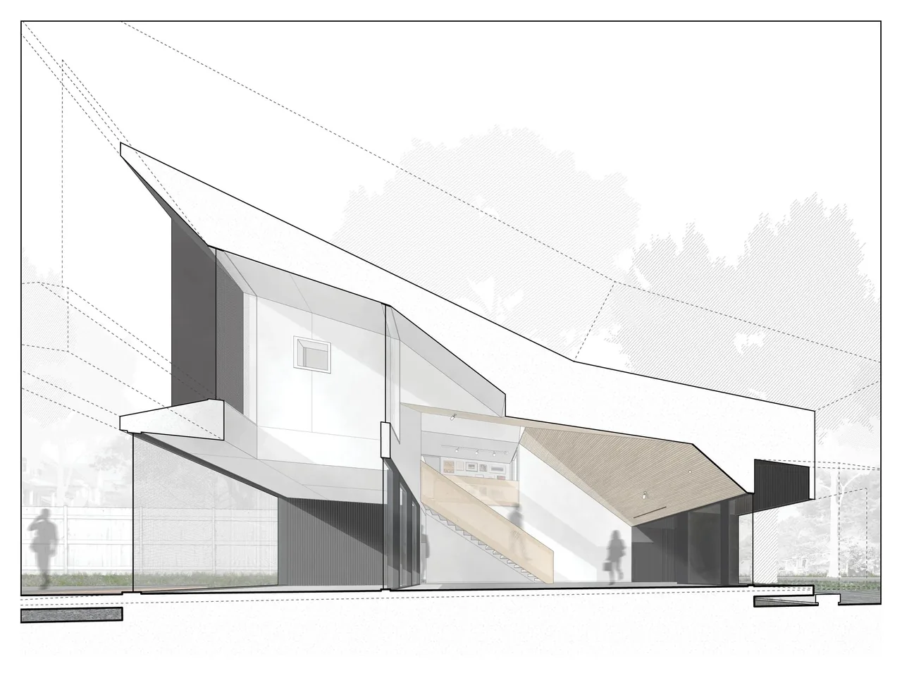Sectional rendering of Steel Louise shows wood-paneled ceiling above staircase and black corrugated siding on exterior.