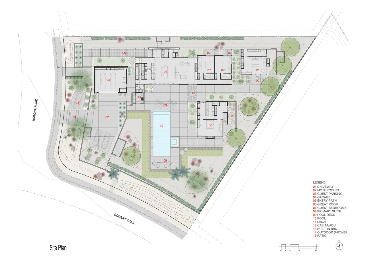 Site plan of Sky Ridge project showing driveway, pool, patios, guest bedrooms, primary suite, and outdoor living areas.