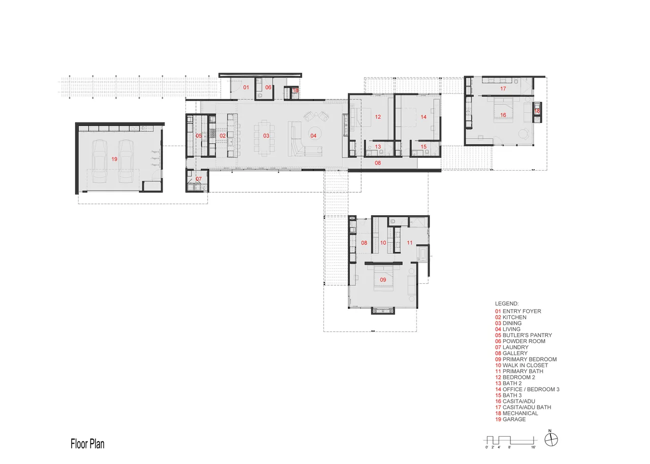 Detailed floor plan of Sky Ridge with labeled rooms including kitchen, dining, living areas, and garage.