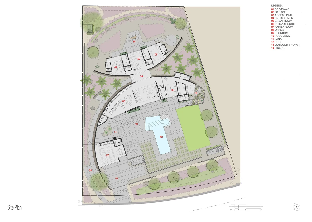 Site plan for Eldorado Tres features curved layouts, a pool, and desert landscaping in a Los Angeles setting.