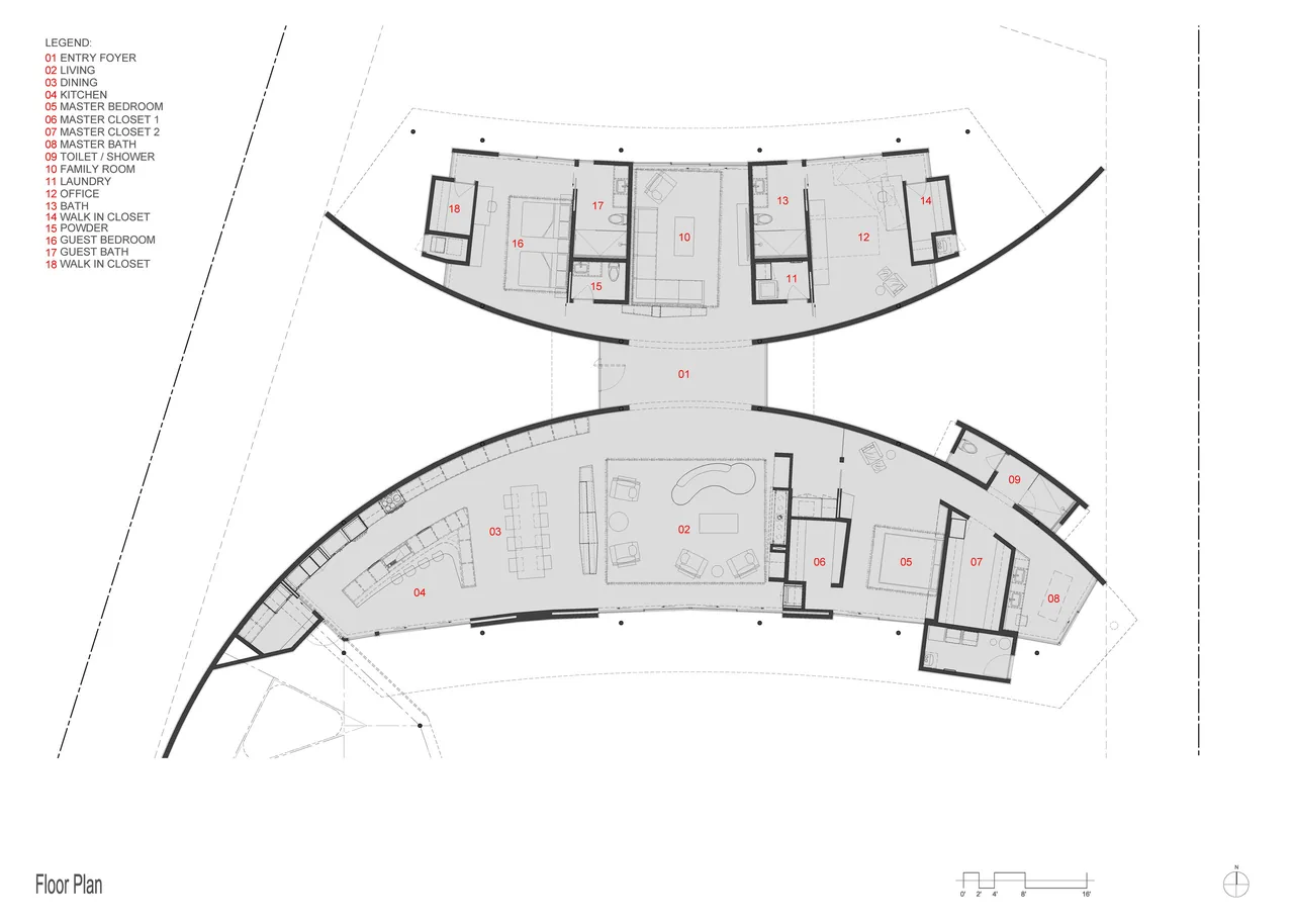 Floor plan of Eldorado Tres showing curved living and kitchen areas alongside bedrooms and bathrooms.