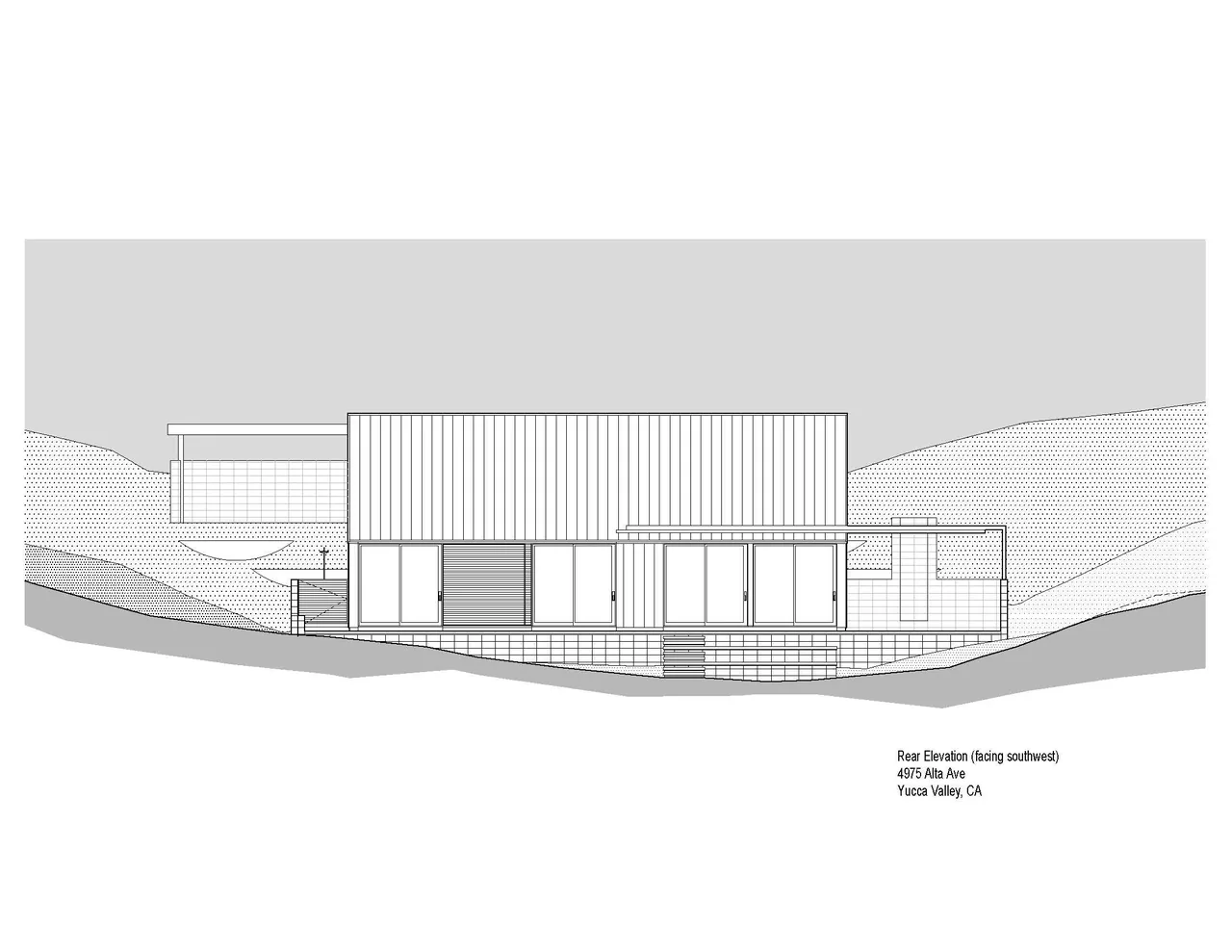Rear elevation architectural drawing of the Alta guesthouse project by Oller & Pejic, showing window and door layout.