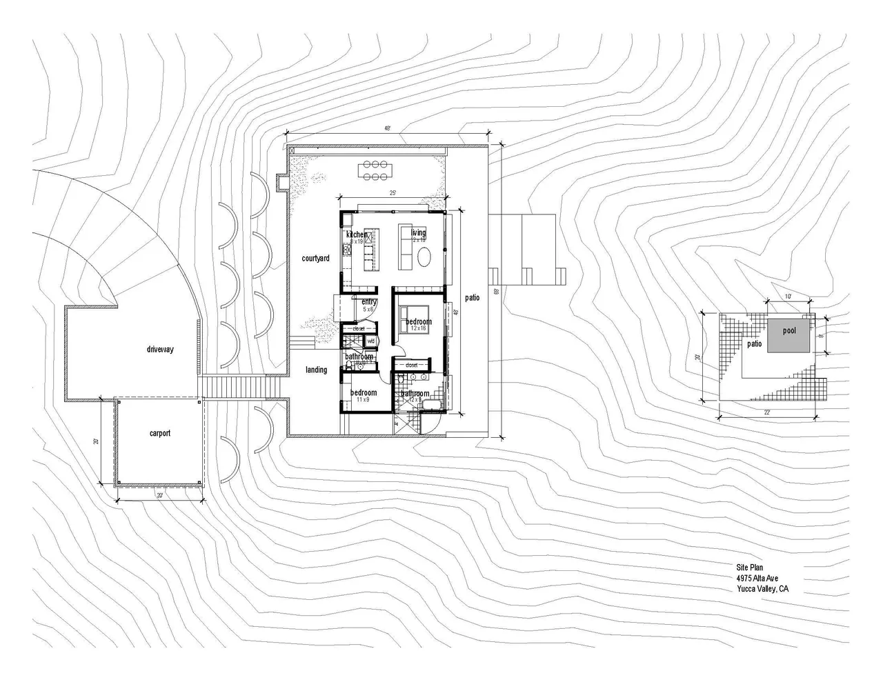Site plan of Alta Guesthouse showing layout of rooms, courtyard, patio, pool, driveway, carport, and terrain contours.