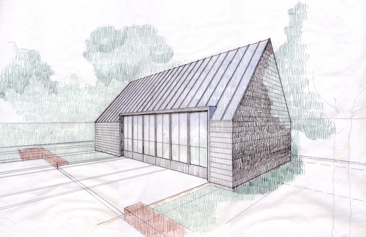 Bellefontaine Studio features a gable roof with standing seam metal and mixed wood siding including shingle and horizontal planks.