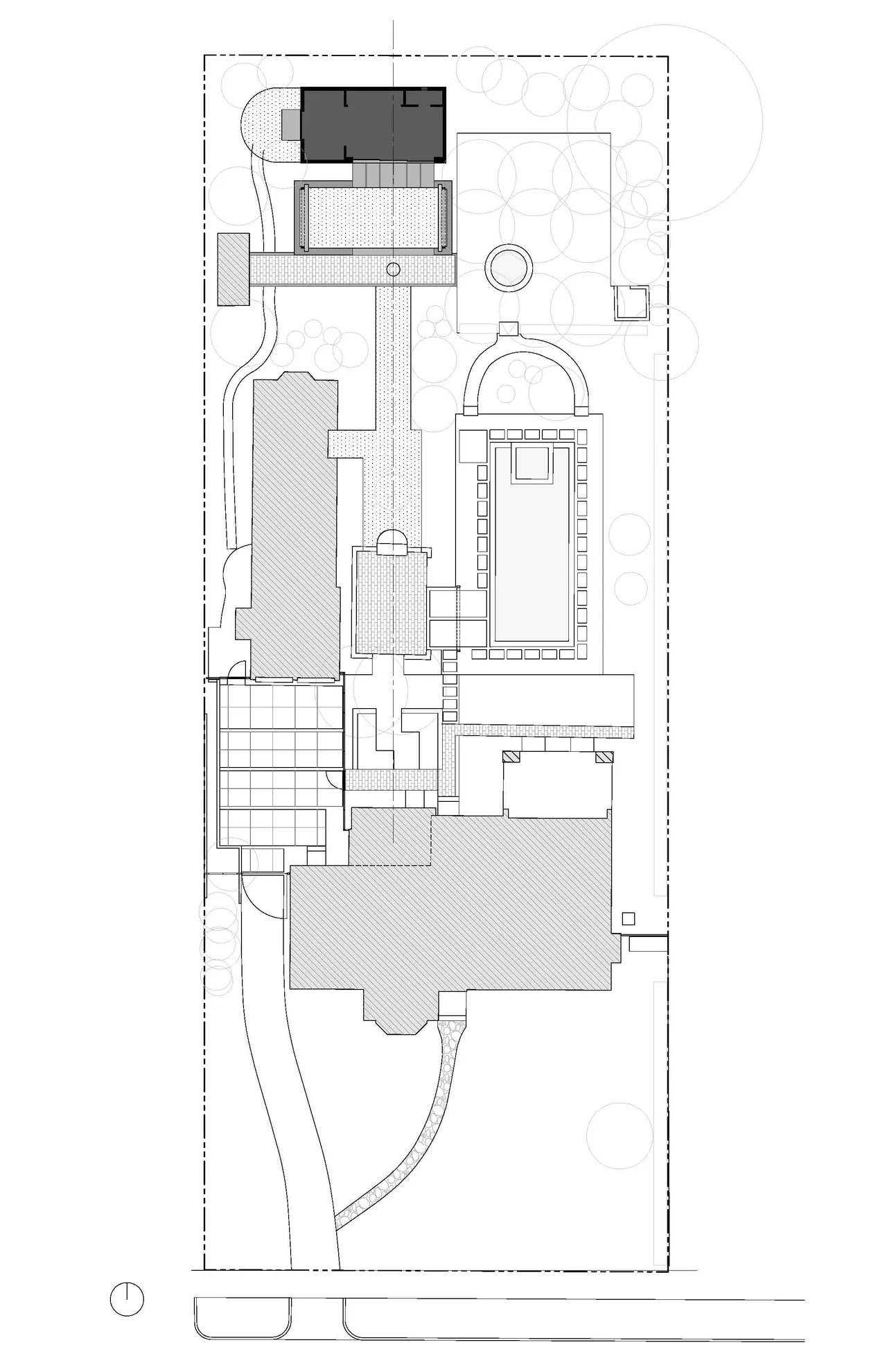 Site plan of Bellefontaine Studio project showing arrangement of buildings and outdoor spaces.