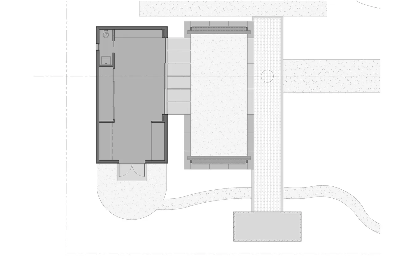 Floor plan of Bellefontaine Studio showing spatial arrangement and adjacent outdoor pathways.