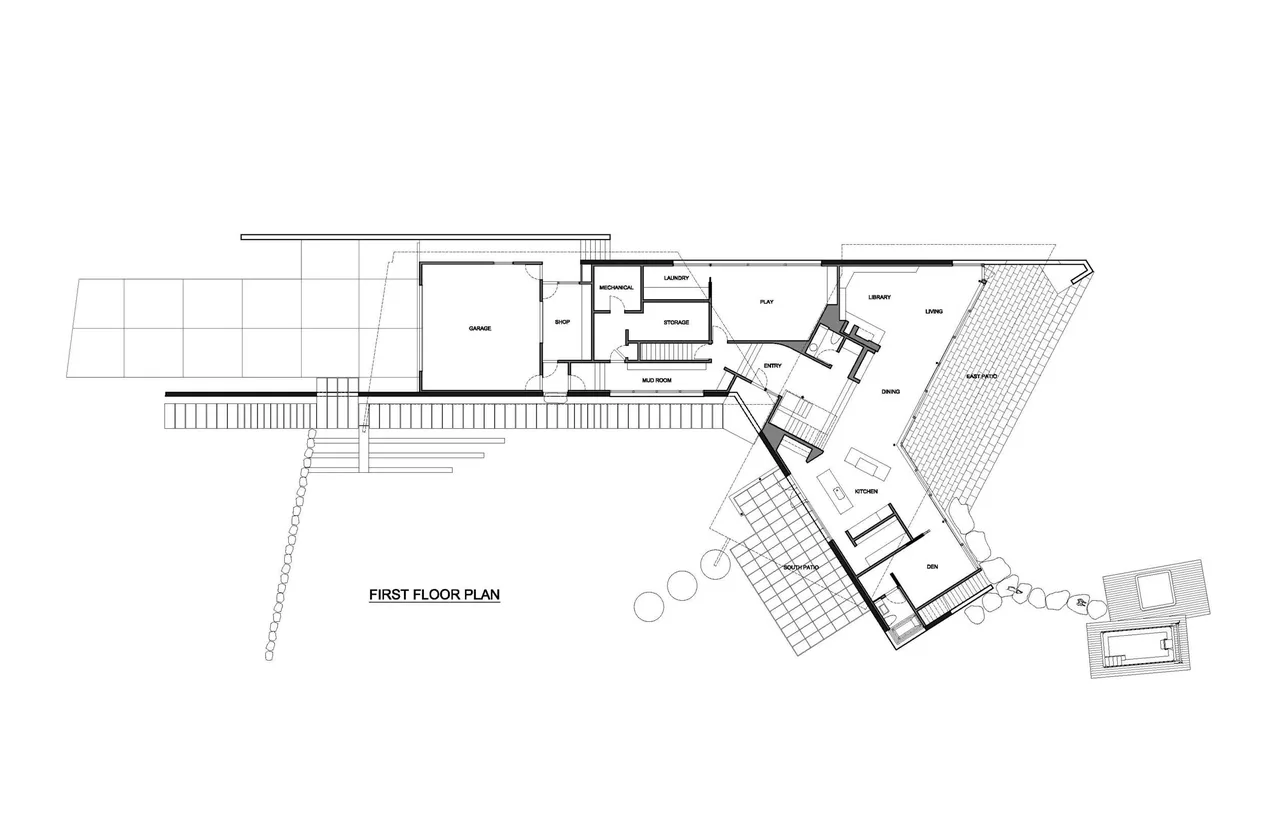 First floor plan of Y House by Peter Cohan Architect, detailing garage, living, dining, kitchen, and outdoor patio areas.
