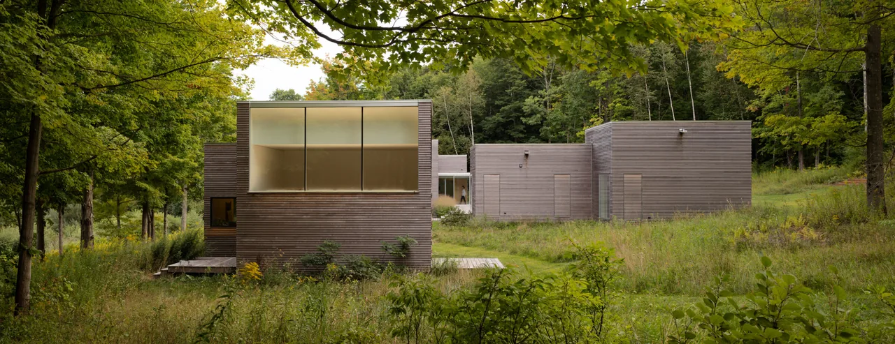 Artist Retreat features connected cube volumes with horizontal wood siding and large metal-frame windows, nestled in a lush natural setting.