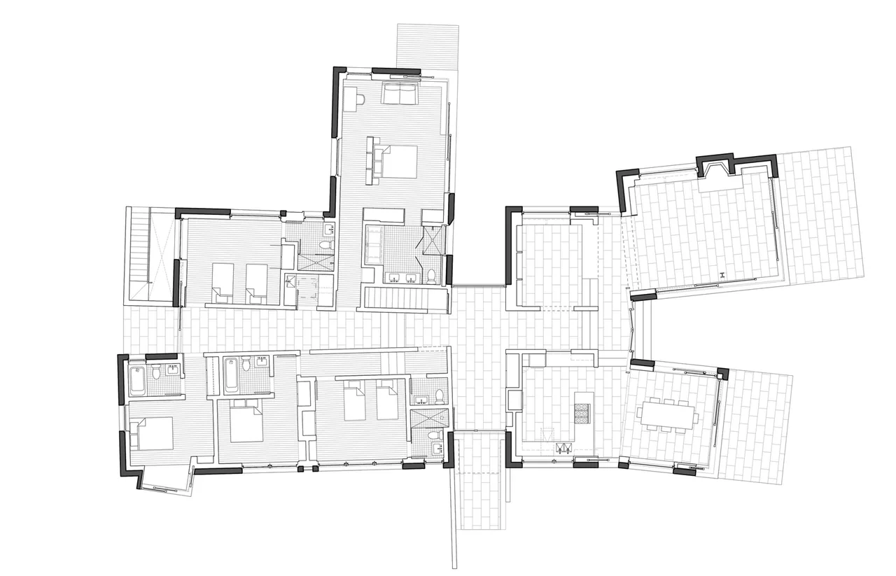 Floor plan for East House by Peter Rose + Partners showing bedroom, living, kitchen, and outdoor spaces.
