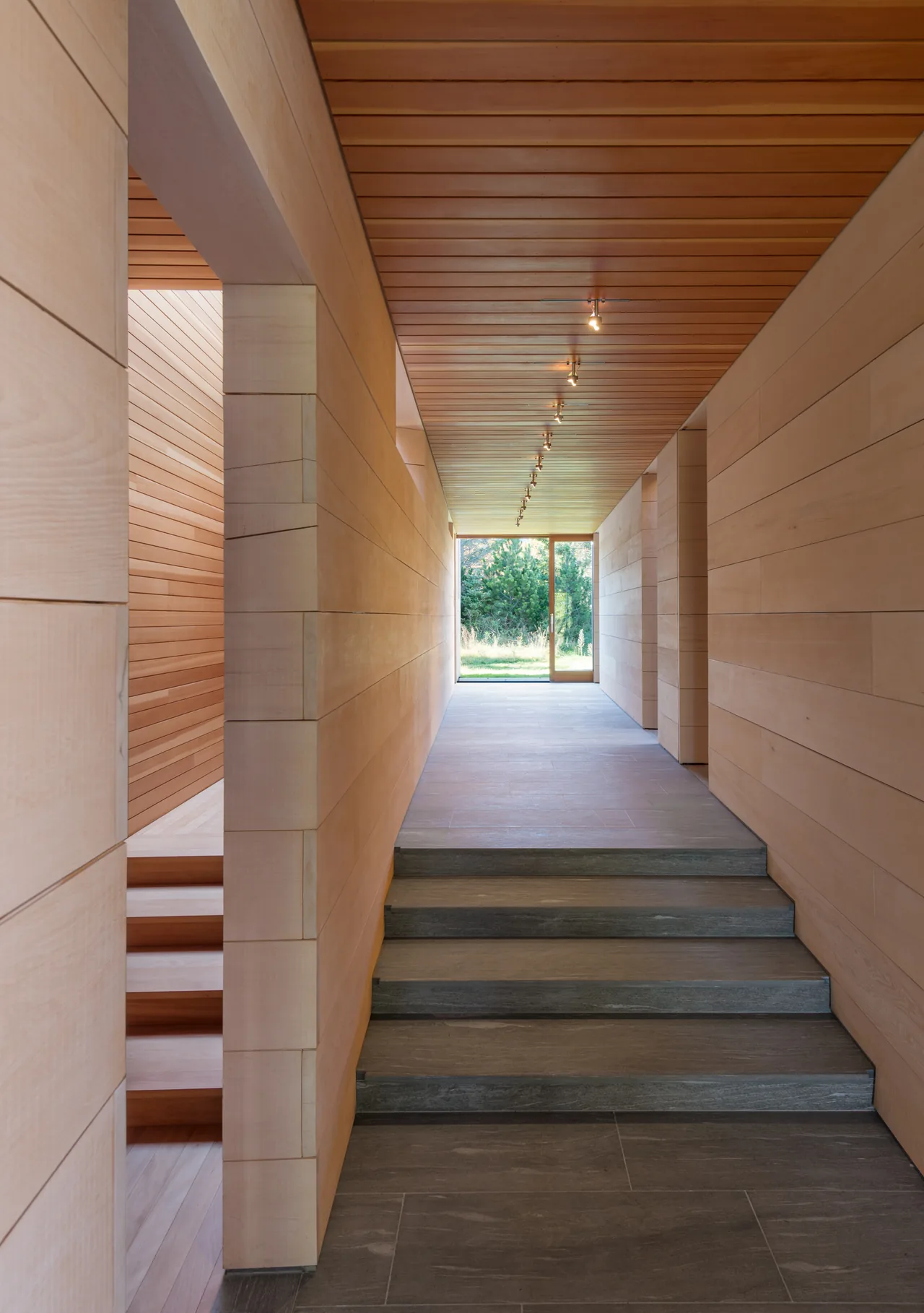 Hallway with wood-paneled ceiling and walls, stone steps, and track lighting at East House by Peter Rose + Partners.