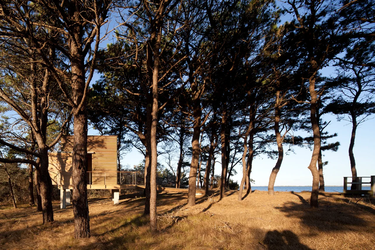 The Island Residence features a raised wooden storage shed near a waterfront with trees.