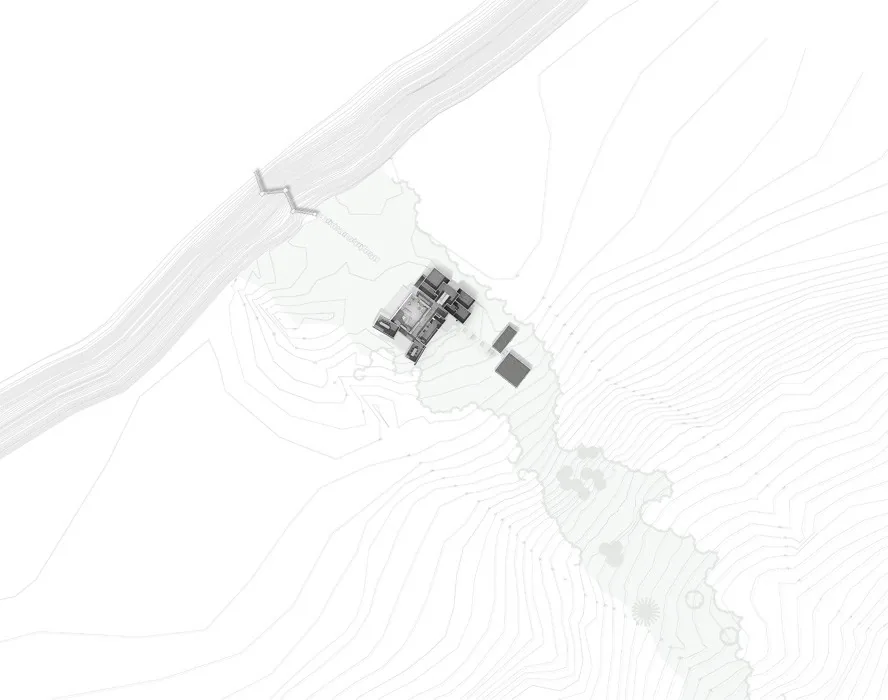 Aerial site plan of Island Residence by Peter Rose + Partners with building position and topography contours.