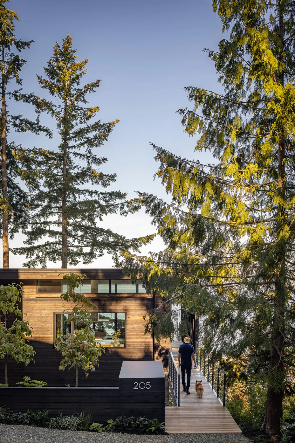 Modern wood-sided house with a wooden balcony walkway framed by forest trees and glass railings.