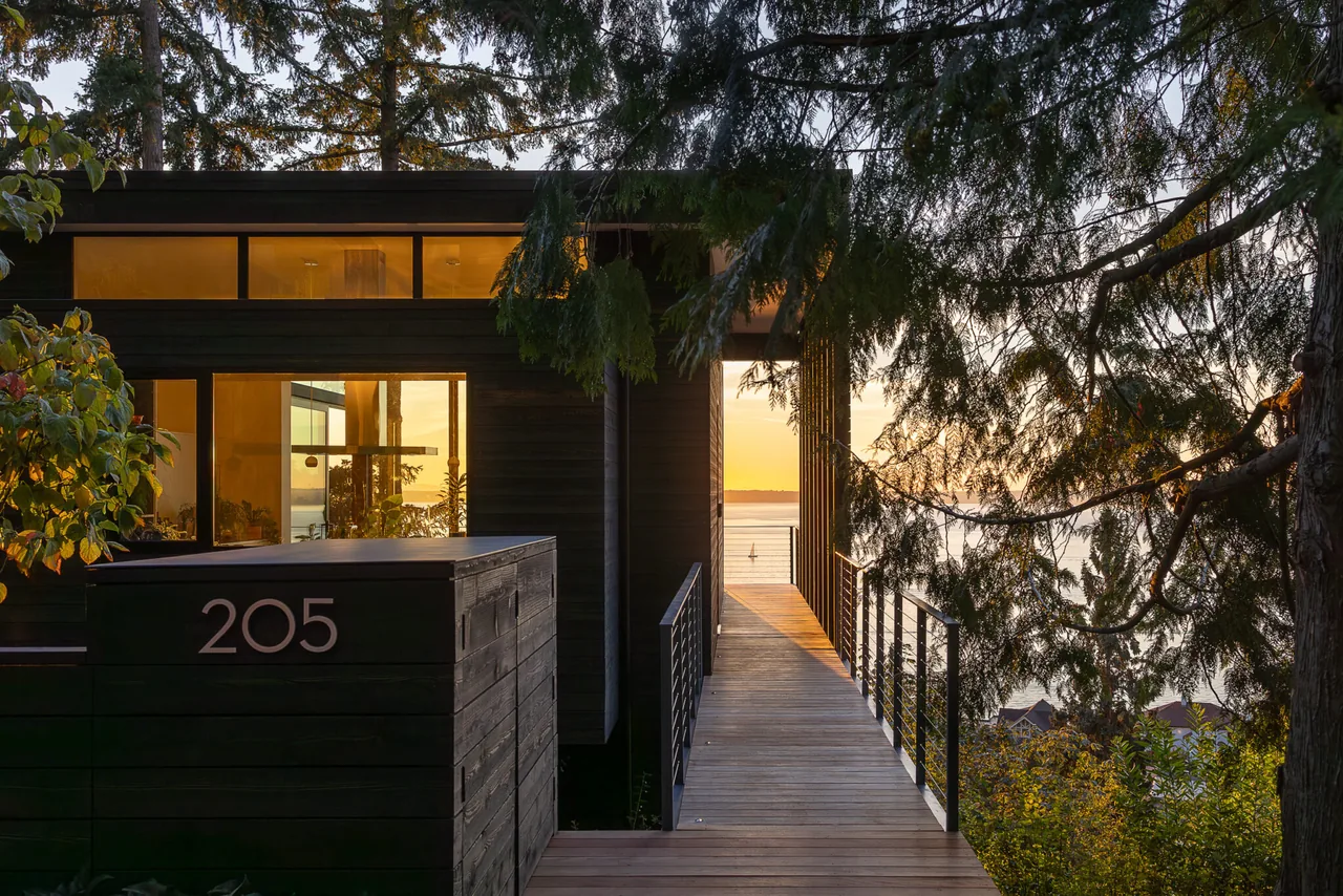 Modern house exterior with black wood siding and a walkway leading to a view of water and sunset.