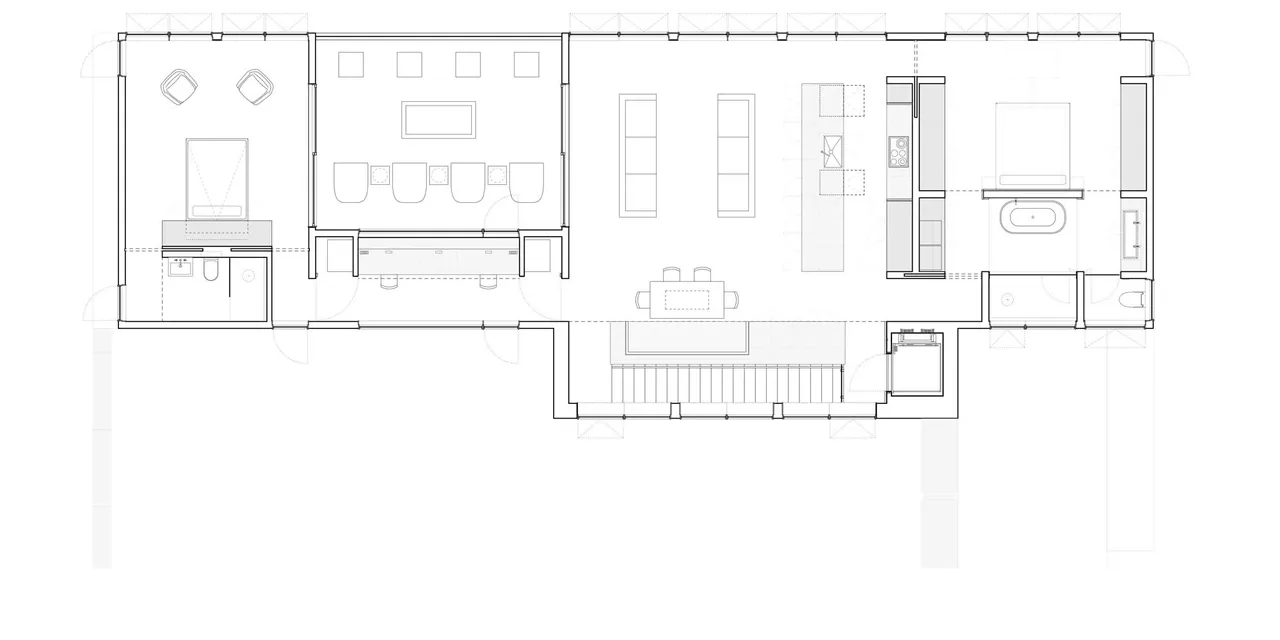 Floor plan of Hudson River House showing main living spaces, kitchen, bath, bedroom, and outdoor living area.