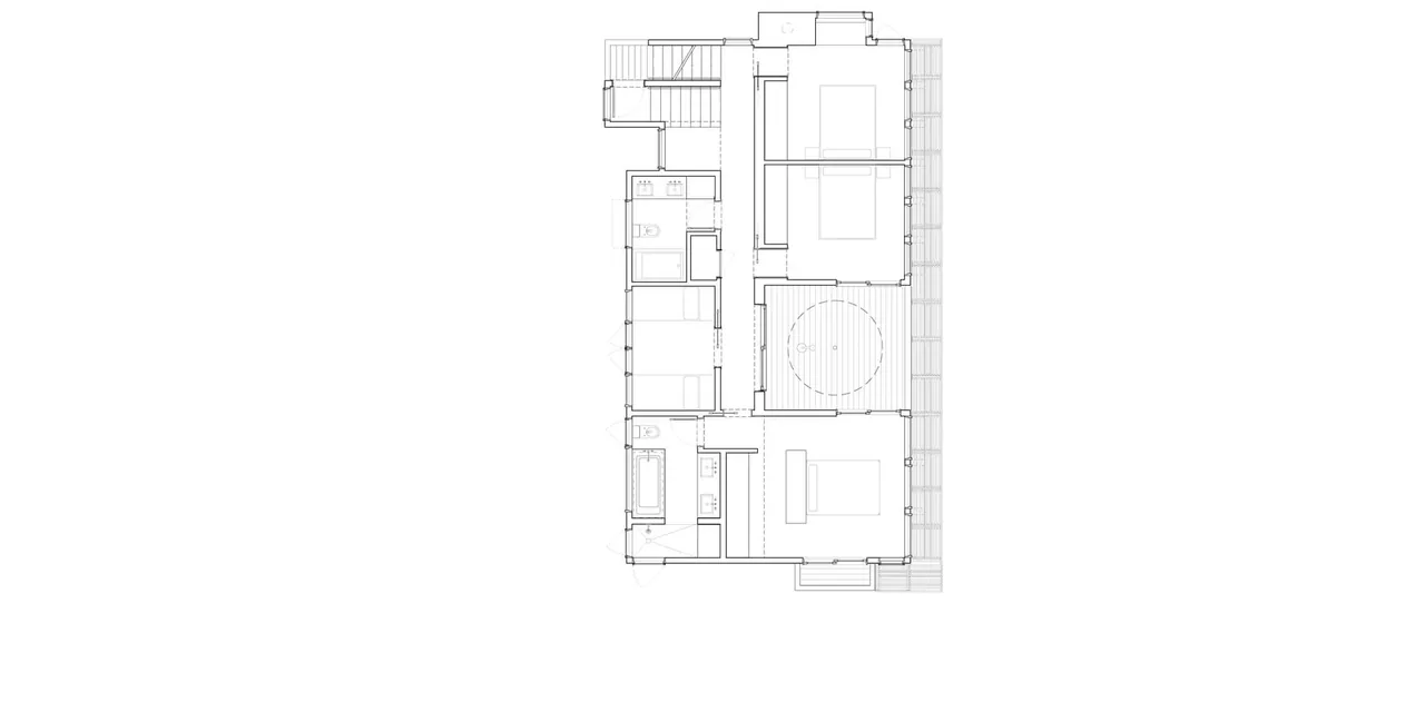 Floor plan of the Dune Road Beach House with labeled rooms, deck access, and circular ceiling opening.