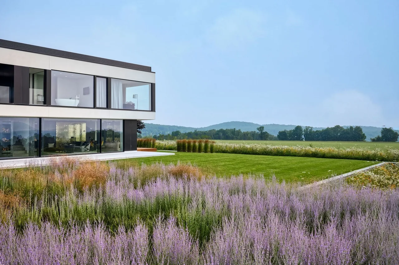 Millbrook Residence with rectangular volume and extensive wildflower meadow and open lawn in Dutchess County, NY.