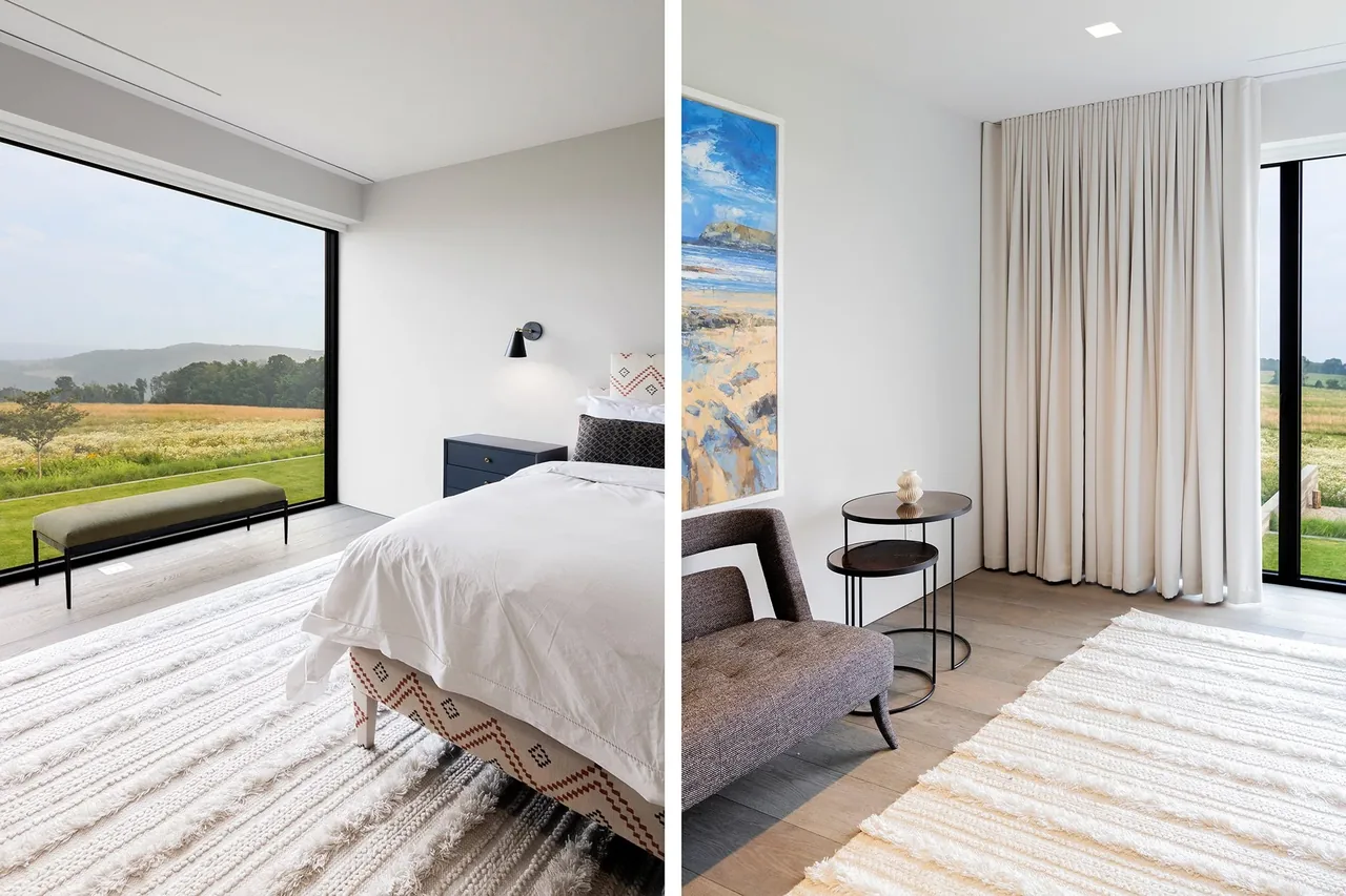 Bedroom with expansive floor-to-ceiling glazing offers a broad view of the landscape and features a patterned bed frame and simple decor.