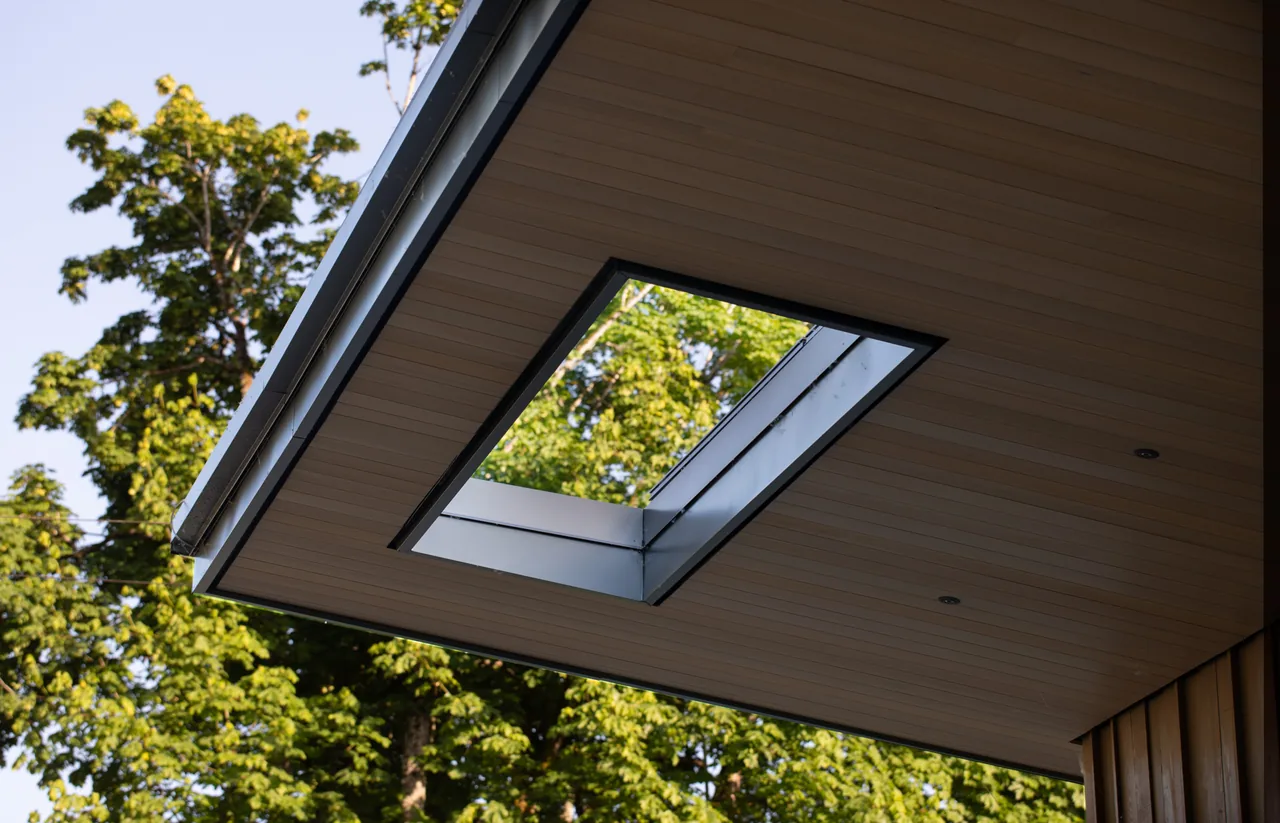 Flat roof overhang features a rectangular skylight framed in black, overlooking green trees.