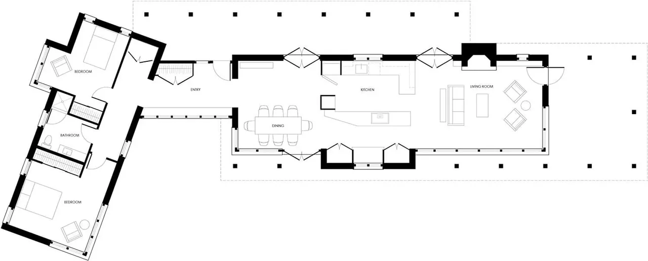 Floor plan layout of Columbia Gorge House by Richard Brown Architects, showing two bedrooms, bathroom, kitchen, dining, and living spaces.