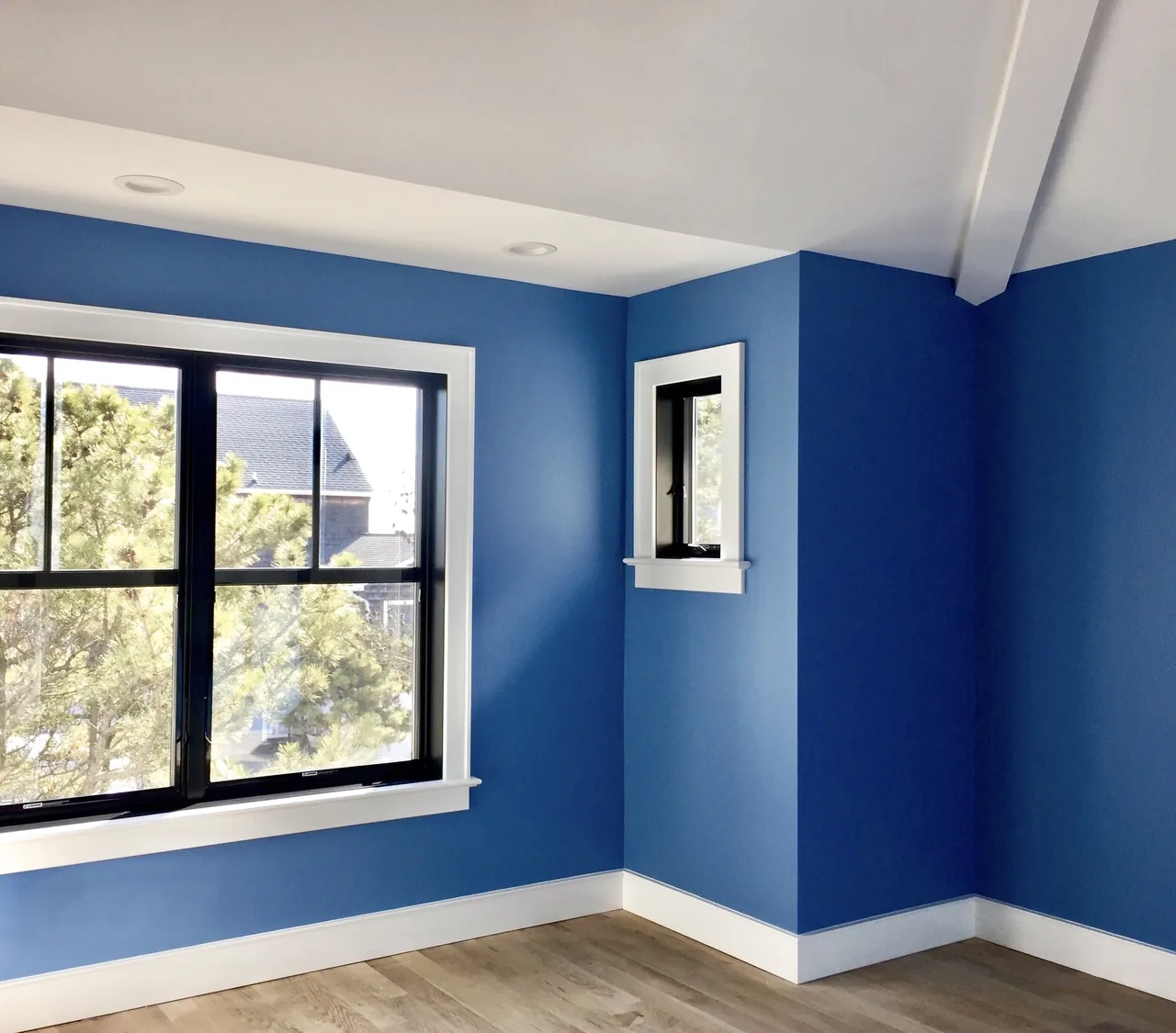 Room corner showing blue-painted walls with black-framed windows and natural wood floor.