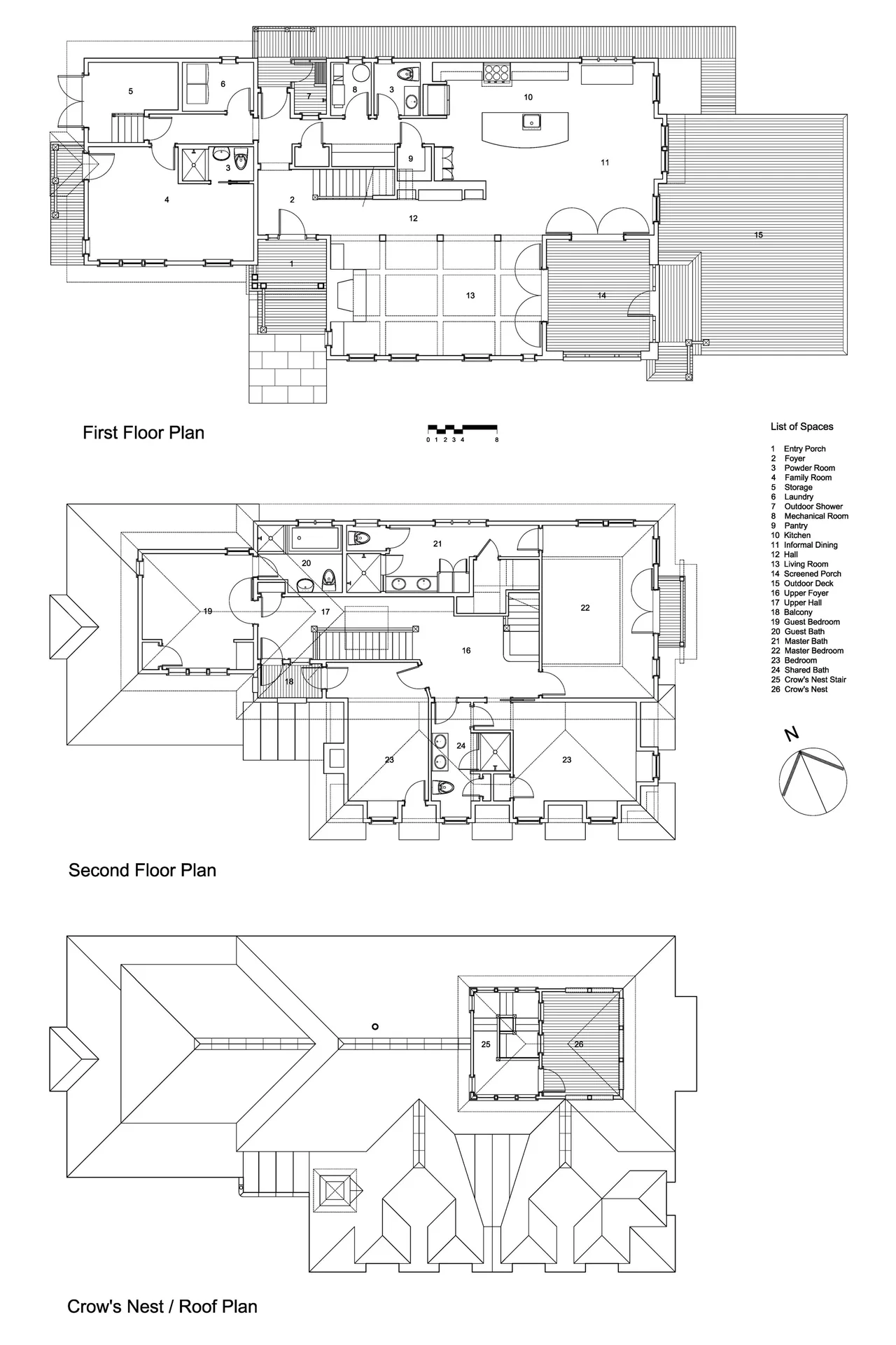 Detailed first and second floor plans plus roof plan for a residential project with interior rooms and exterior decks.
