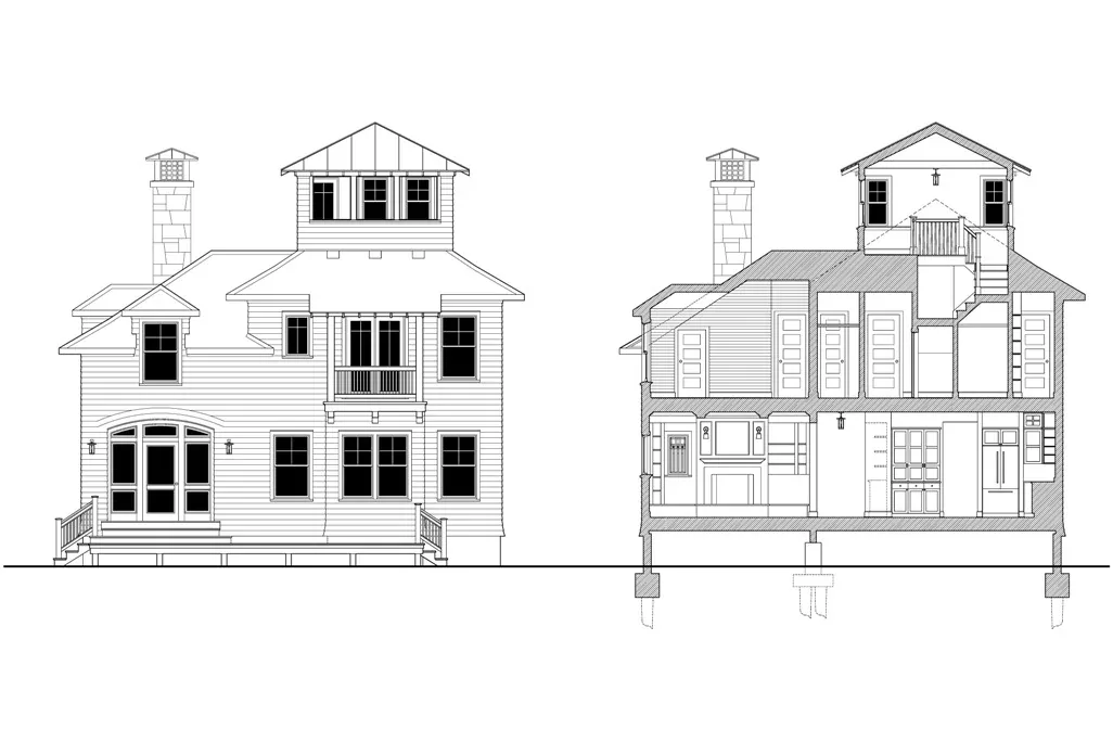 Elevation and sectional drawings show the multi-level house design with a gable roof and chimney details.