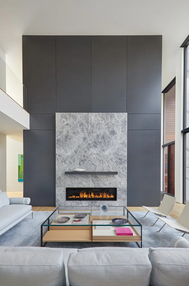 Living room features a floor-to-ceiling black panel wall with a central gray marble fireplace and modern furnishings.