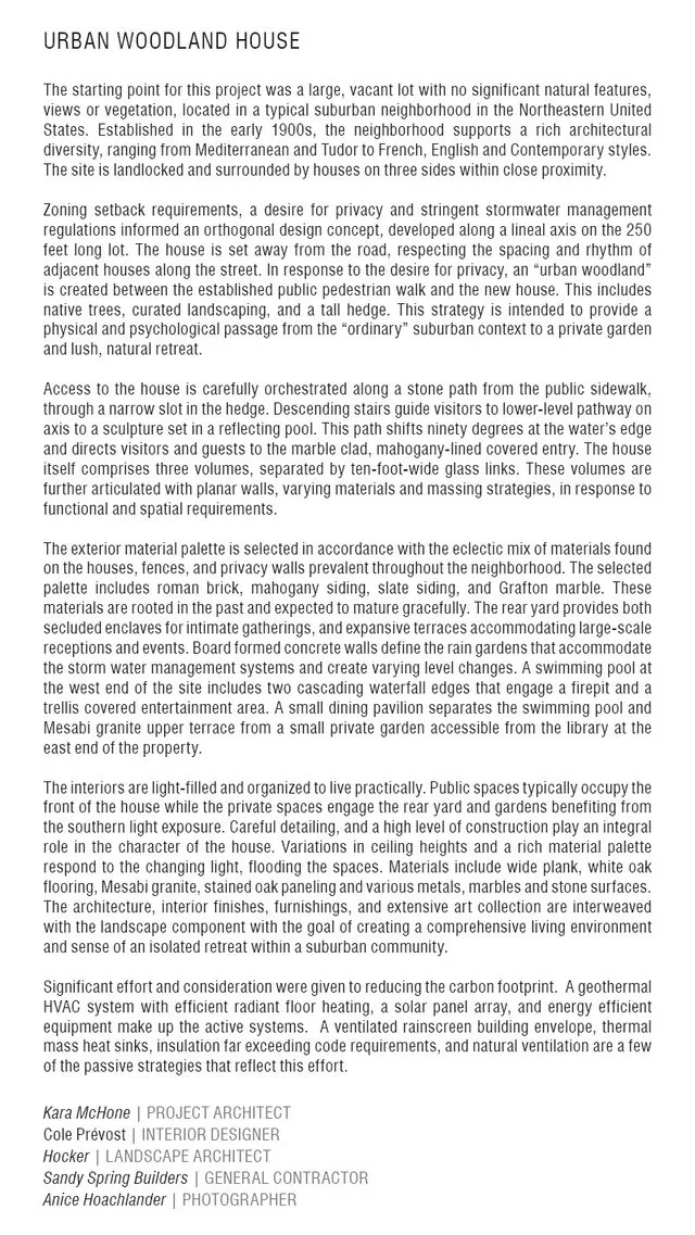 Project description for Urban Woodland House by Robert Gurney Architects detailing site context, material palette, and design approach.