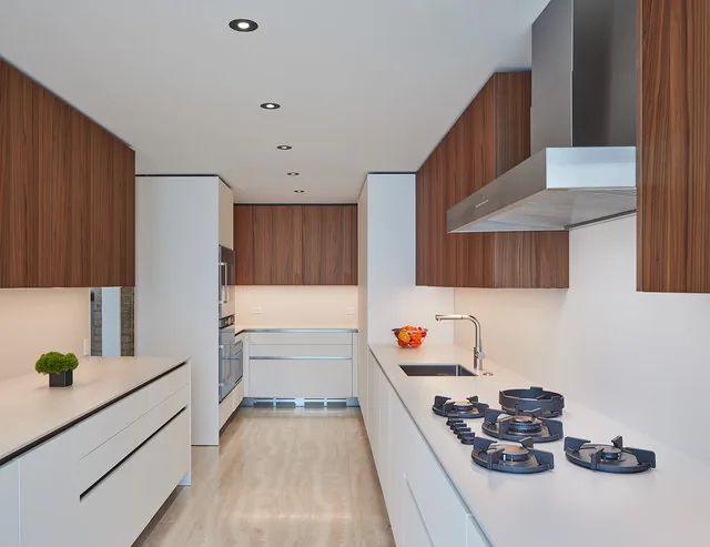Modern kitchen featuring walnut cabinetry, a gas cooktop, and recessed ceiling lights.