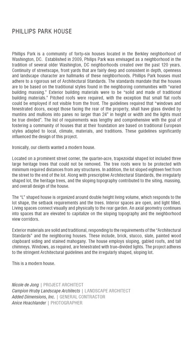 Project text describing Phillips Park House design context, guidelines, and architectural decisions.