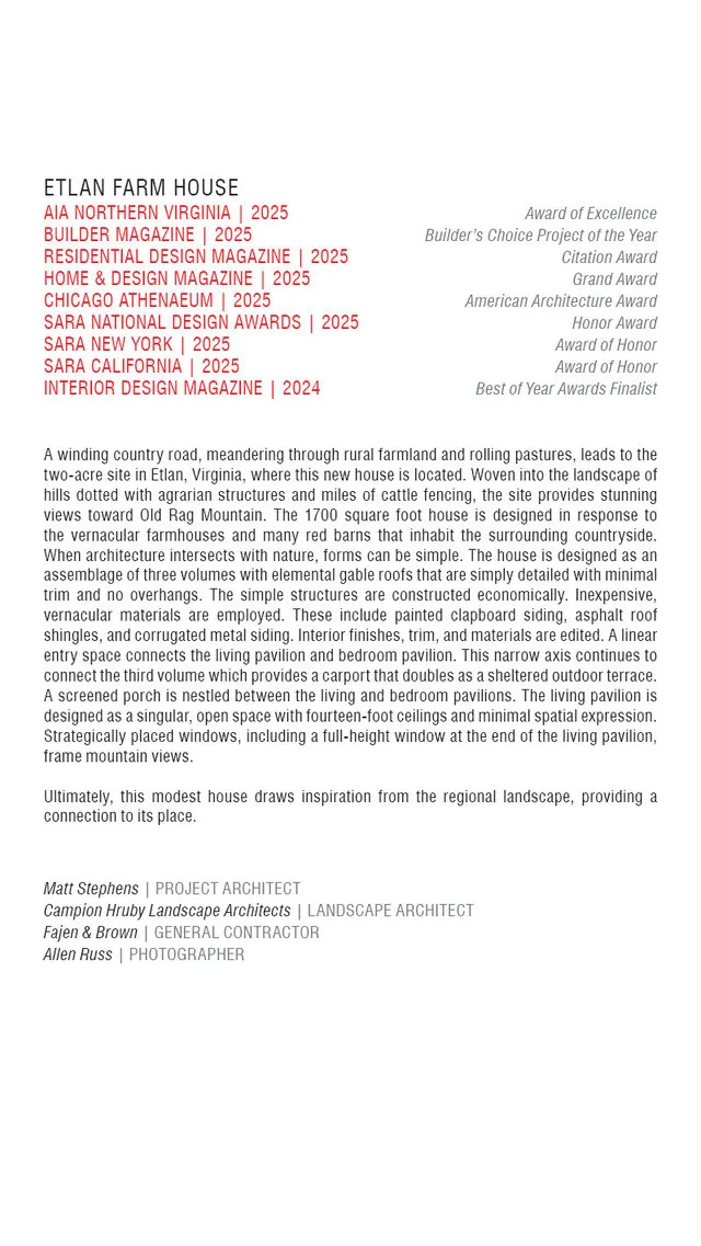 Project description and awards list for Etlan Farm House by Robert Gurney Architects in rural Virginia.