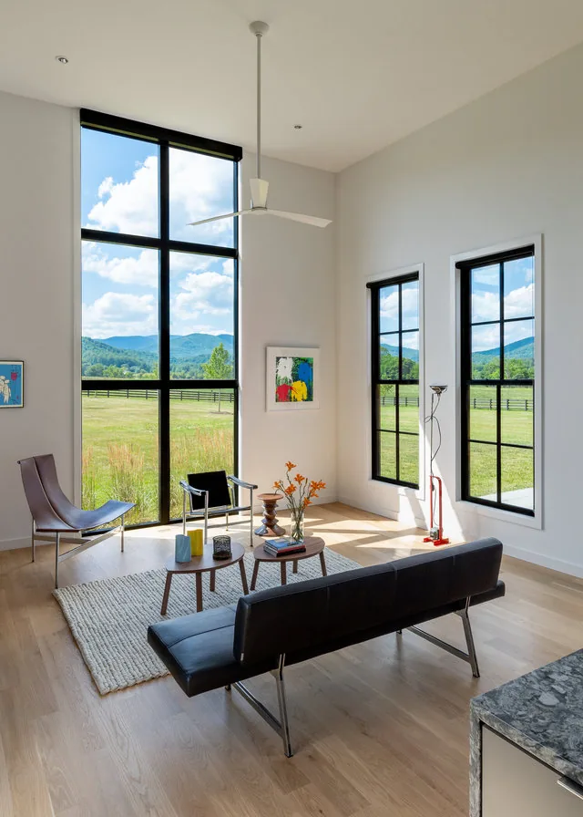 Living space features tall black window frames with expansive pasture and mountain views, minimalist furniture, and light wood flooring.