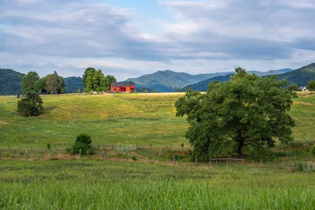 The Etlan Farm House overlooks rural pastures with mountain views on a partly cloudy day.