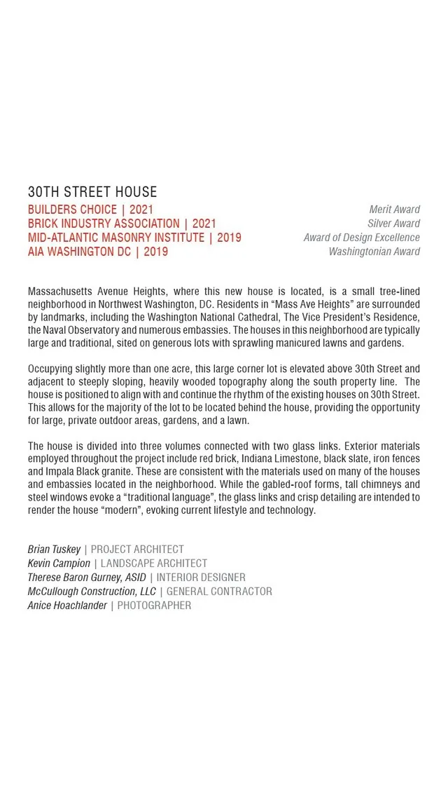 Project description and awards for the 30TH STREET HOUSE in Washington DC, highlighting traditional and modern design elements.