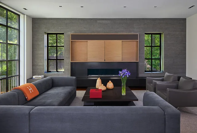 Living room in the 30TH STREET HOUSE with built-in shelving and large black-framed windows providing garden views.