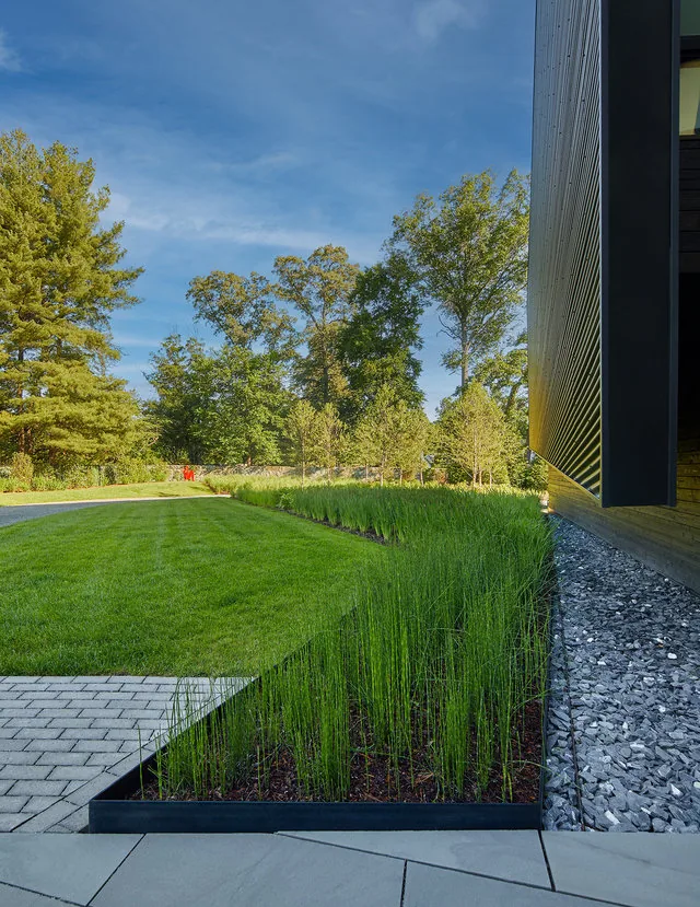 Modern house exterior with dark metal siding and landscaping featuring tall grass and stone mulch beds.