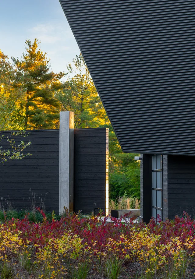 Exterior corner detail of PTR HOUSE showing dark stained wood siding, concrete panel, and a sloped standing seam metal roof.