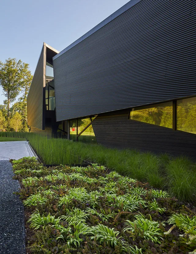 PTR HOUSE features an angular modern exterior with black siding and long horizontal windows beside landscaping.