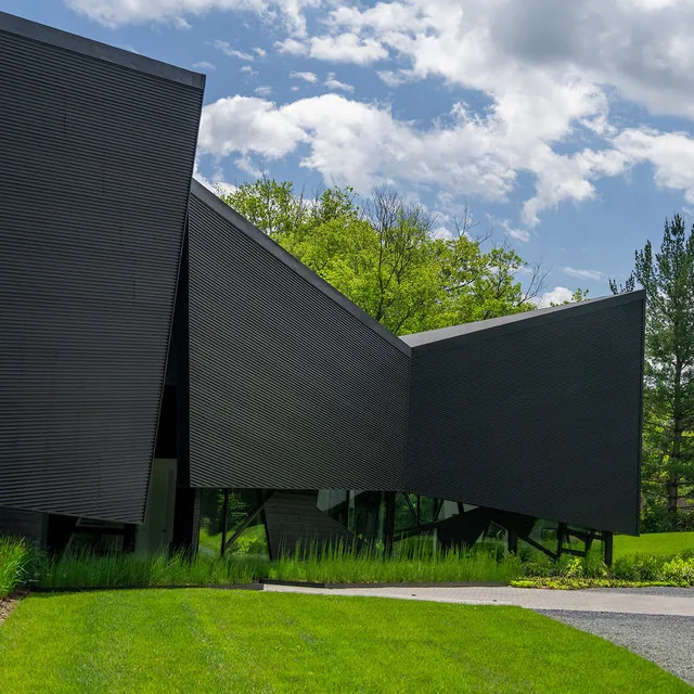 PTR House features distinct folded planes with vertical siding in a polygonal shape surrounded by green lawn and trees.