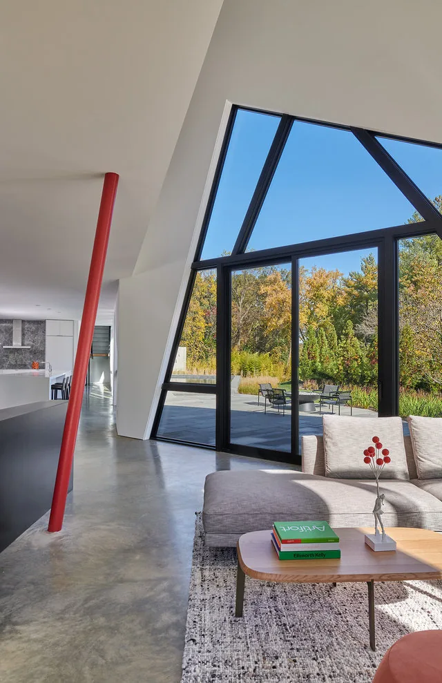 PTR HOUSE features an angular ceiling and asymmetrical black window frames with views to a patio and trees.