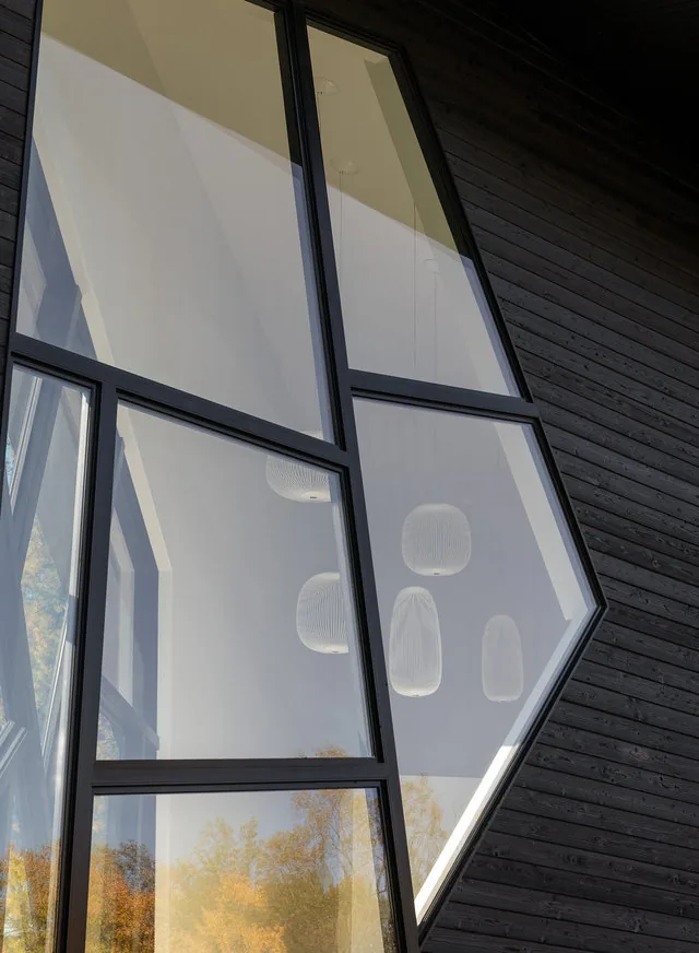 PTR HOUSE features vertical black window frames and dark vertical siding with asymmetrical window shapes.