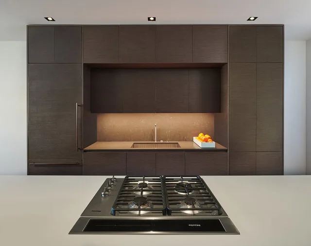 Kitchen features dark wood cabinetry with an inset sink and a gas cooktop on a white island countertop.