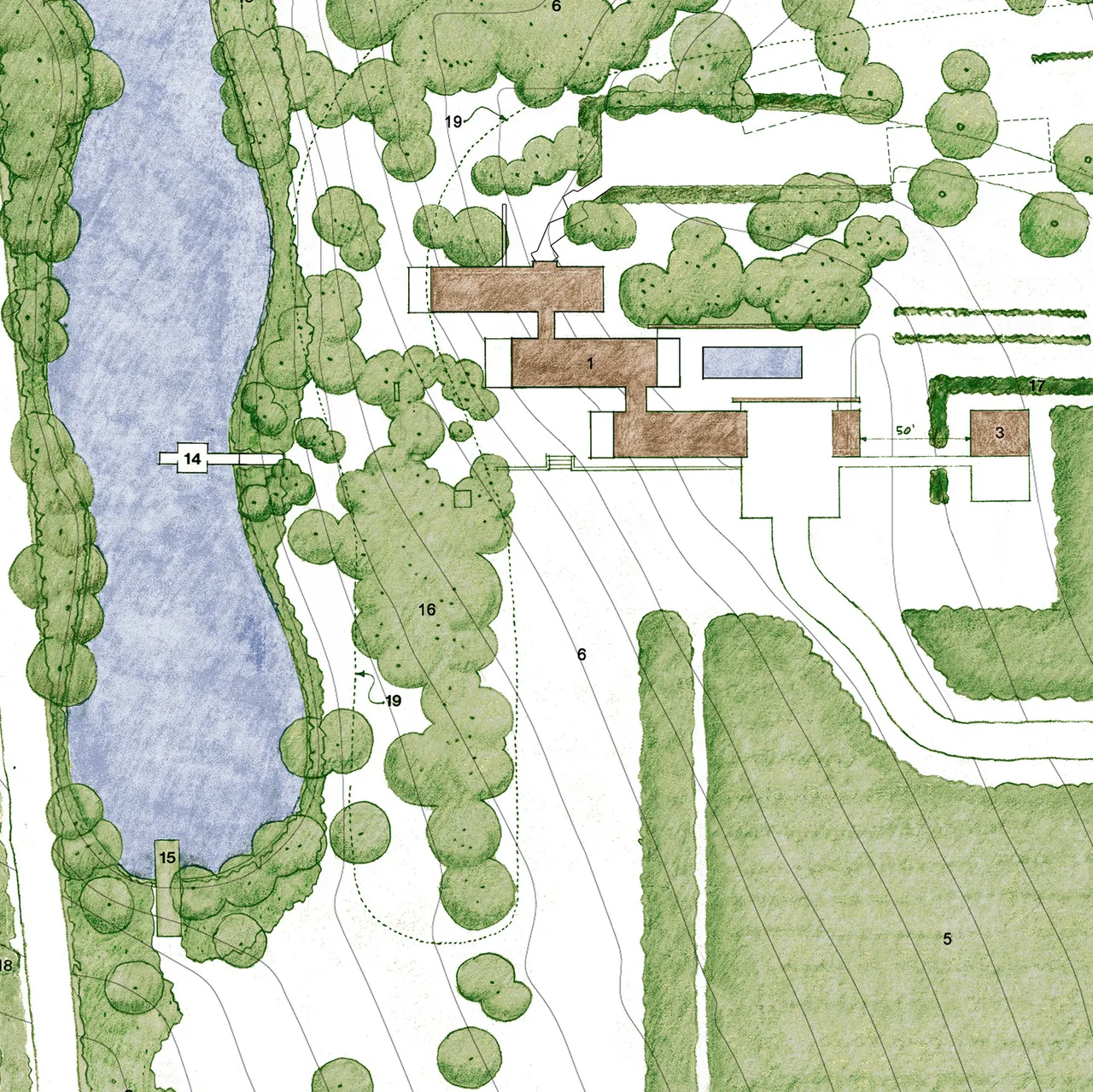 Site plan for a project by Robert M. Cain Architect showing house layout, existing pond, landscaping, and property lines.