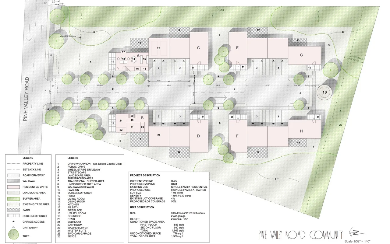 Site plan for Pine Valley Road Community with labeled residential units, driveways, walkways, and landscape features.