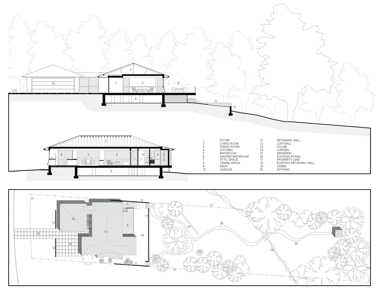 Section and site plan drawings depict the layout and surrounding landscape of the house.