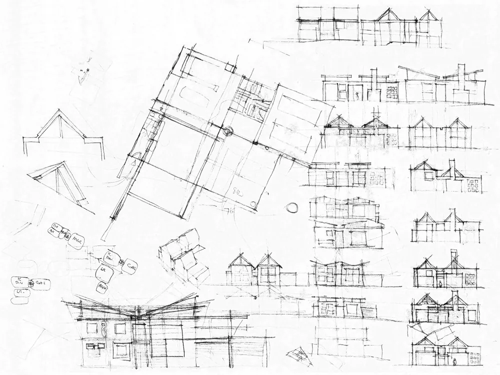 Architectural sketches featuring floor plans and multiple elevation views with roof structures.