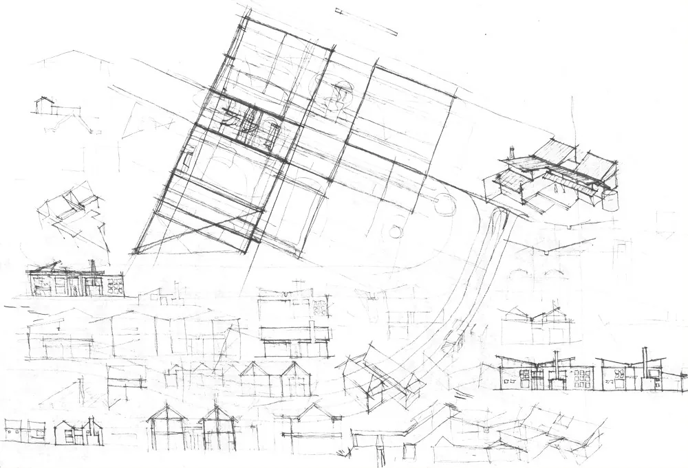 Architectural sketches depict building floor plans and elevations from various angles, highlighting design concepts.