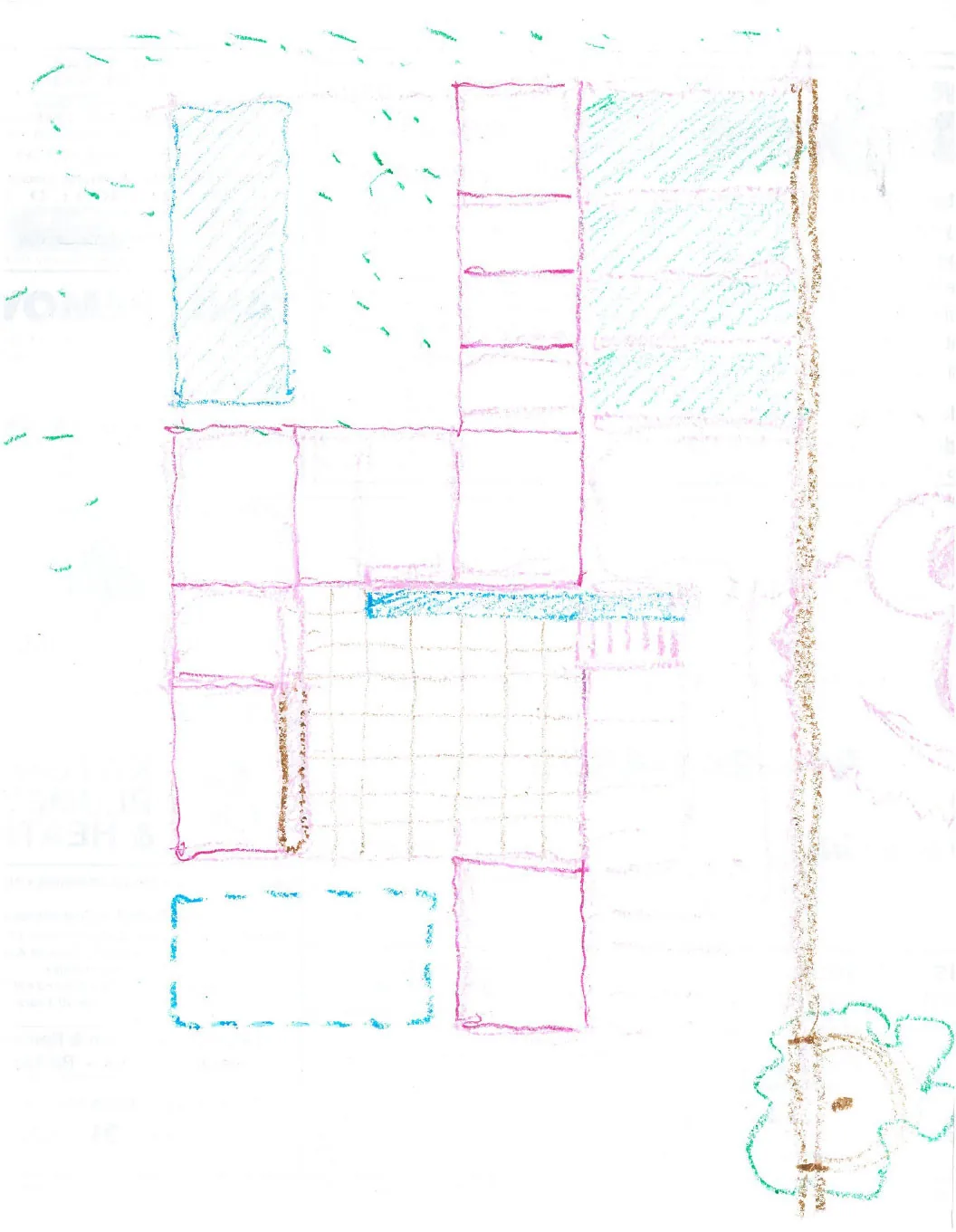 Hand-drawn architectural sketch showing a floor plan with various colored sections and grid layout.
