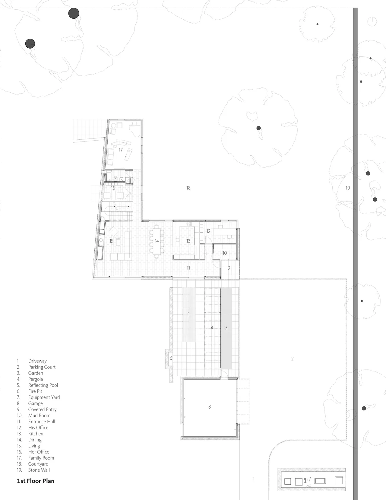 First floor plan of House 432 showing living, dining, kitchen, offices, and outdoor courtyard with pool and pergola.